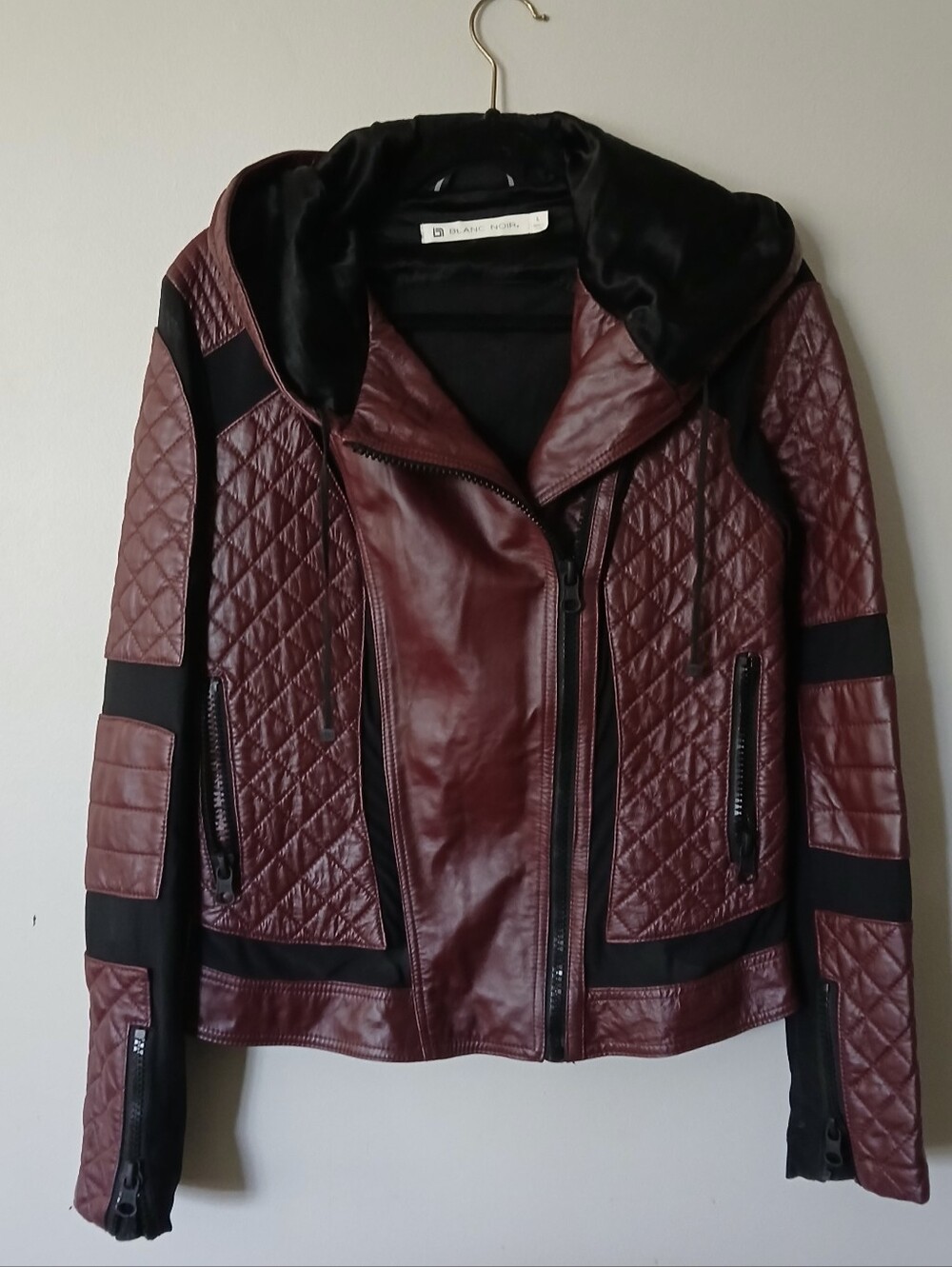 Blanc Noir Leather Voyage Hooded Moto Jacket Size Large